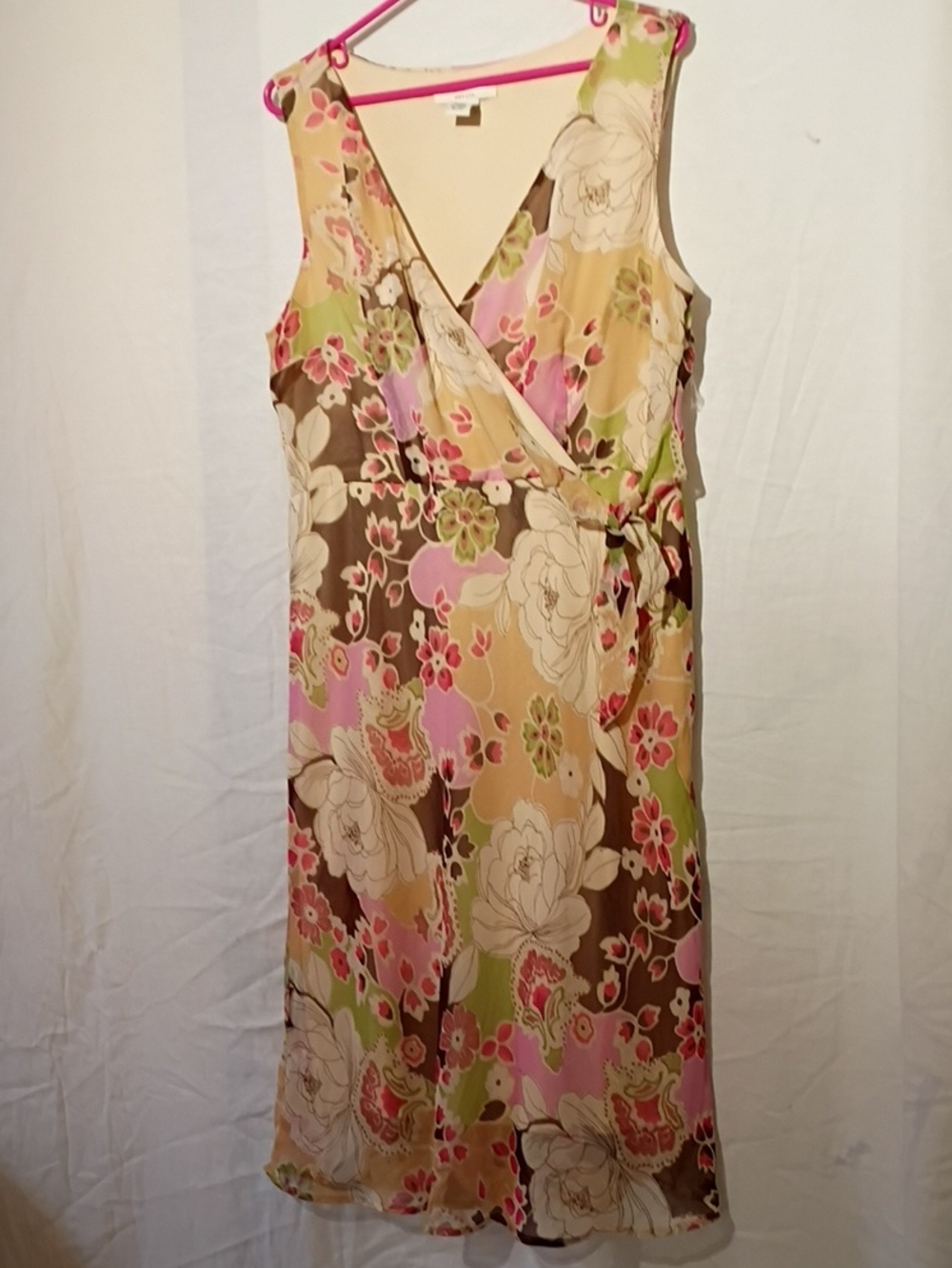 3/$20-Floral Wrap Midi Sun Dress in Pink, Green, Cream & Brown sz 16, NWOT